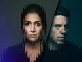 Leila Farzad as Lou Stacks and Andrew Buchan as Col McHugh in Better, reflected through distorted glass (Credit: BBC/Sister Pictures/Simon Emmett)