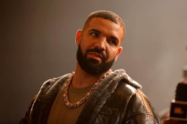 Drake speaks onstage during Drake's Till Death Do Us Part rap battle on October 30, 2021 in Long Beach, California. (Photo by Amy Sussman/Getty Images)