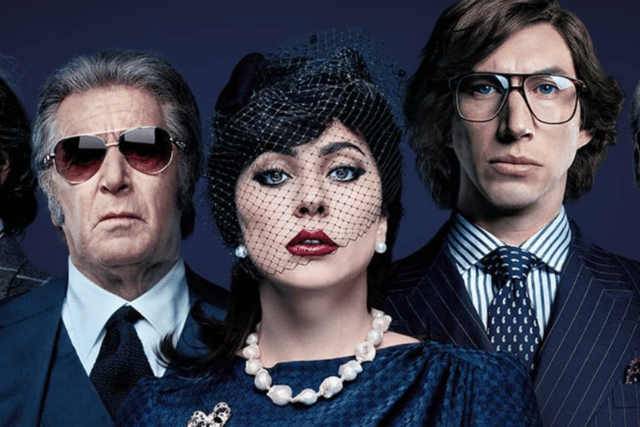 [L-R] Al Pacino, Lady Gaga and Adam Driver in a press image for House of Gucci (Credit: MGM)