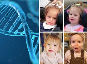 Left: An illustration of a DNA strand. Right: Images of Nala (top) and Teddi Shaw, courtesy of PA Media/family handout