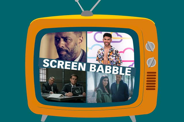 The orange Screen Babble television, featuring images from Luther, Love Island, Better, and Mindhunter (Credit: Kim Mogg/NationalWorld Graphics)