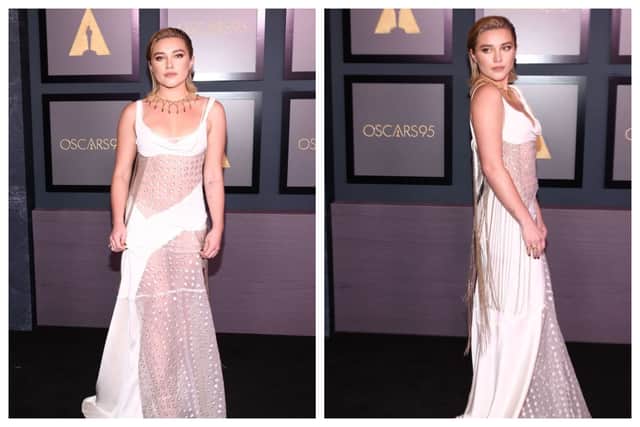 Florence Pugh has become renowned for opting for transparent gowns such as this Victoria Beckham dress. Photographs by Getty