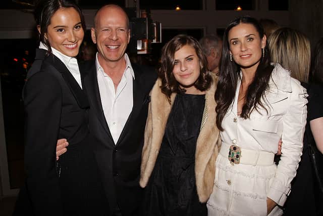 Actress Emma Hemming, actor Bruce Willis, his daughter Tallulah Belle Willis, and her mother actress Demi Moore attend the after party for the screening of "Flawless" hosted by The Cinema Society at the SoHo Grand Hotel March 24, 2008 in New York City. (Photo by Stephen Lovekin/Getty Images)