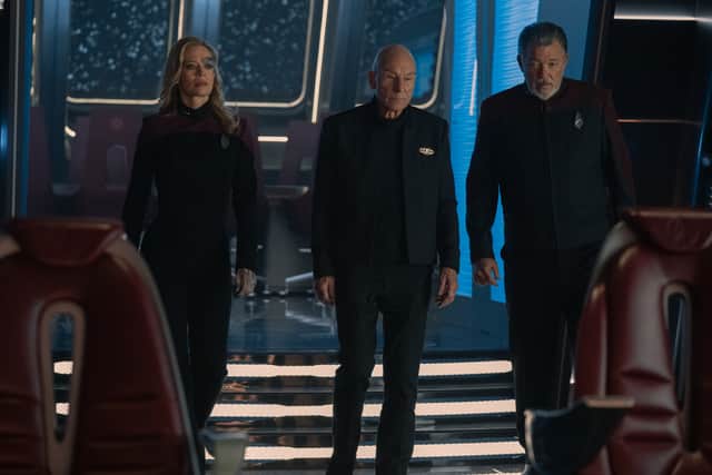 Jeri Ryan as Seven of Nine, Patrick Stewart as Picard, and Jonathan Frakes as Riker in Star Trek: Picard (Credit: Nicole Wilder/Paramount+)