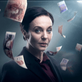 Amanda Abbington as Rowan in Desperate Measures, surrounded by falling bank notes (Credit: Channel 5)