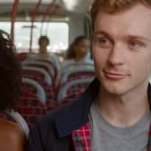 Sophia Brown as Jess and Harry Lawtey as Ben in You & Me, on the bus together (Credit: ITV)