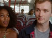 Sophia Brown as Jess and Harry Lawtey as Ben in You & Me, on the bus together (Credit: ITV)