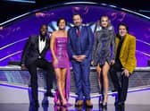 Mo Gilligan, Davina McCall, Lee Mack, Rita Ora and Jonathan Ross judging The Masked Singer 2023 finale (Credit: ITV)