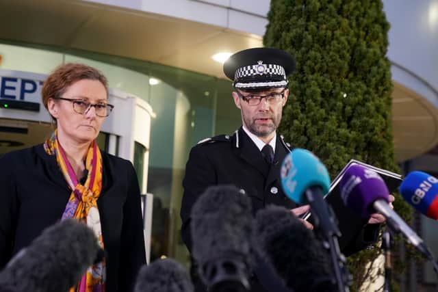 Assistant Chief Constable Peter Lawson (right) of Lancashire Police with Detective Chief Superintendent Pauline Stables (left) speaking at a press conference outside Lancashire Police Headquarters in Hutton near Preston. Credit: PA