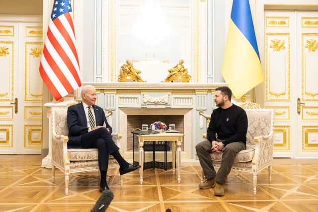 US President Joe Biden met with Ukrainian President Volodymyr Zelensky on Monday, his first visit since the invasion (Photo by Ukrainian Presidential Press Office via Getty Images).