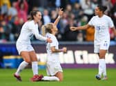 Rachel Daly celebrates scoring her and England’s second goal against Italy