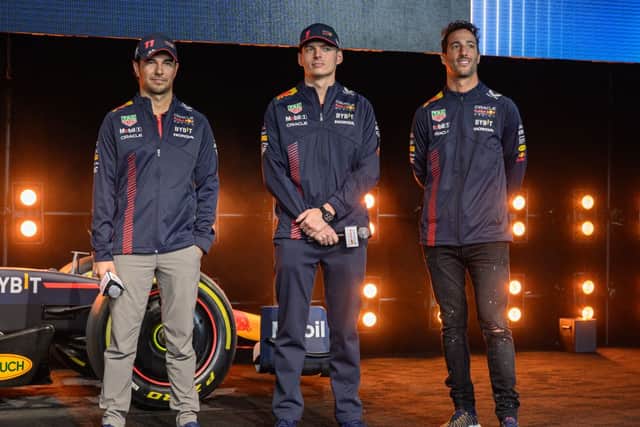 Red Bull driver-line up (Checo, left, Verstappen and Ricciardo, right)