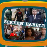 The orange Screen Babble television, featuring images from this week’s featured shows Drive to Survive, National Treasure, You & Me, and Years and Years (Credit: National World Graphics/Netflix/Channel 4/ITX/BBC One)