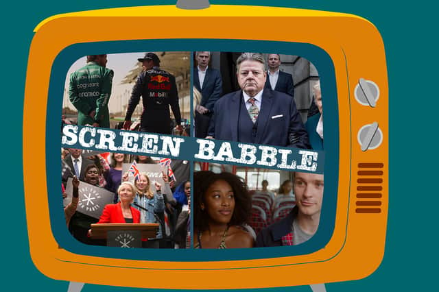 The orange Screen Babble television, featuring images from this week’s featured shows Drive to Survive, National Treasure, You & Me, and Years and Years (Credit: National World Graphics/Netflix/Channel 4/ITX/BBC One)