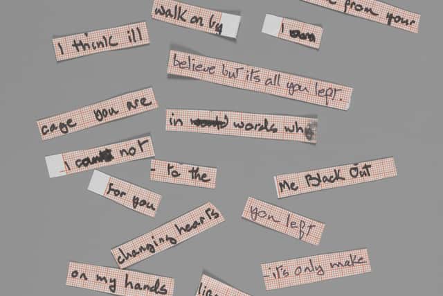 Photo issued by the Victoria and Albert Museum (V&A), courtesy of the David Bowie Archive, showing cut up lyrics for ‘Blackout’ from David Bowie’s 1977 album ‘Heroes’.