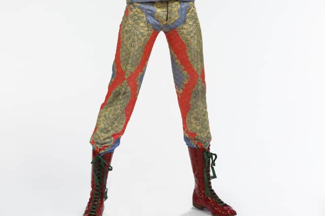 Photo issued by the Victoria and Albert Museum (V&A), courtesy of the David Bowie Archive, showing a quilted two-piece suit, designed by Freddie Burretti in 1972 for the Ziggy Stardust tour.
