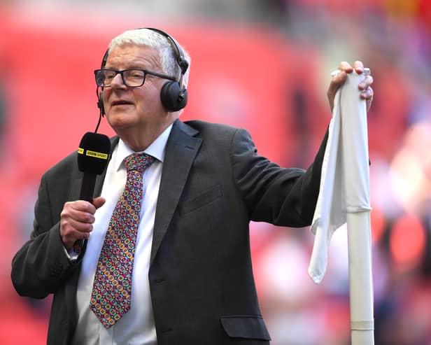 John Motson speaks on BBC Sport prior to The Emirates FA Cup Final between Chelsea and Manchester United at Wembley Stadium on May 19, 2018 in London, England.  (Photo by Laurence Griffiths/Getty Images)