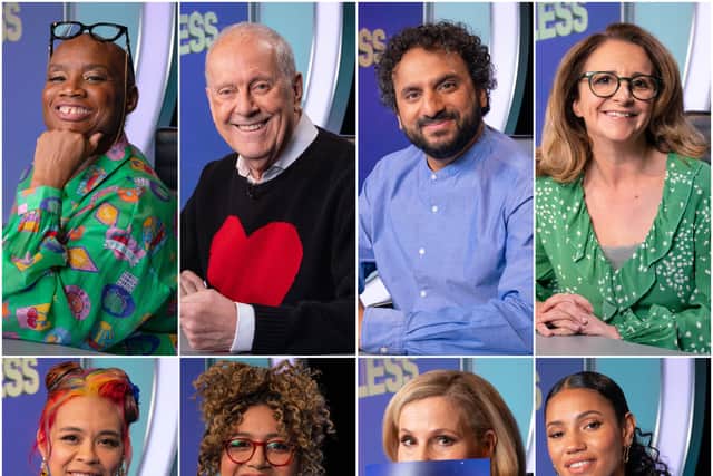 Top row left to right: Andi Oliver, Gyles Brandreth, Nish Kumar, Lucy Porter. Bottom row left to right: Ria Lina, Rose Matafeo, Sally Phillips, and Vick Hope (Credit: BBC One)