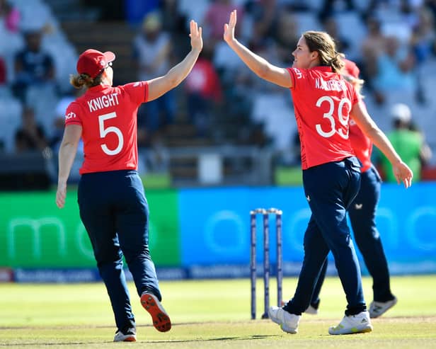 Knight and Sciver-Brunt celebrate a wicket against Pakistan