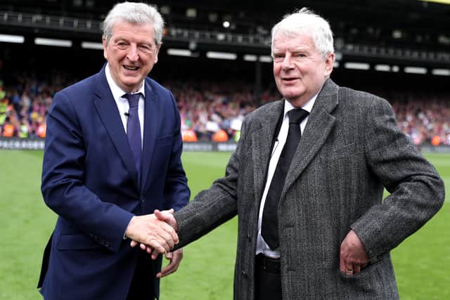 John Motson recieves an award from Roy Hodgson. (Getty Images)