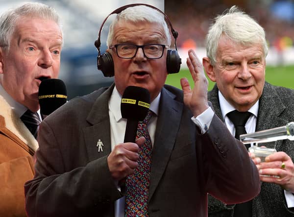 Football commentator John Motson has died aged 77. (Pic: PA / NationalWorld graphics)