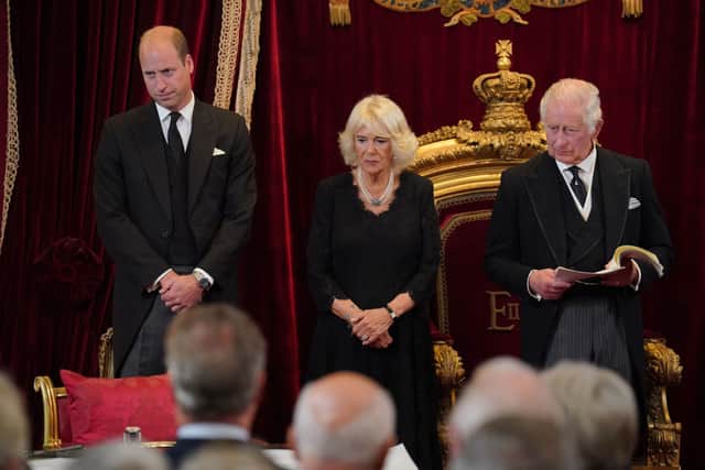 Prince William with Camilla, Queen Consort and his father King Charles 111 at his proclamation.  (Photo by Jonathan Brady - WPA Pool/Getty Images)