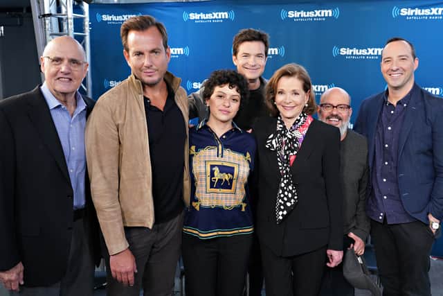 (Back Row L-R) Jeffrey Tambor, Jason Bateman, Tony Hale, David Cross (Front Row L-R) Will Arnett, Alia Shawkat and Jessica Walter take part in SiriusXM's Town Hall with the cast of Arrested Development hosted by SiriusXM's Jessica Shaw at SiriusXM Studio on May 21, 2018 in New York City.  (Photo by Cindy Ord/Getty Images for SiriusXM)