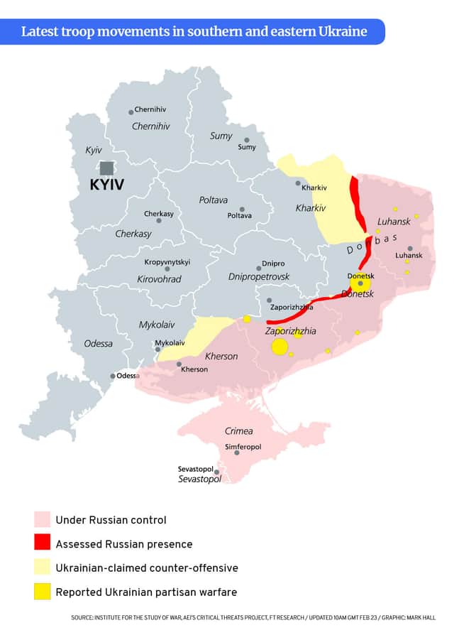 Map of where Russian and Ukrainian troops currently find themselves in control of as of 23 February 2023 (Credit: Mark Hall/NationalWorld)