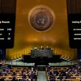 Screens display the vote count during the Eleventh Emergency Special Session of the General Assembly on Ukraine, at the UN headquarters in New York City on 23 February 2023 (Photo: TIMOTHY A. CLARY/AFP via Getty Images)
