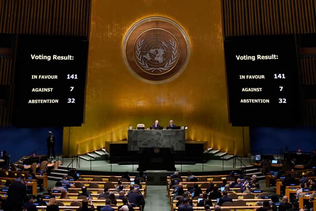 Screens display the vote count during the Eleventh Emergency Special Session of the General Assembly on Ukraine, at the UN headquarters in New York City on 23 February 2023 (Photo: TIMOTHY A. CLARY/AFP via Getty Images)
