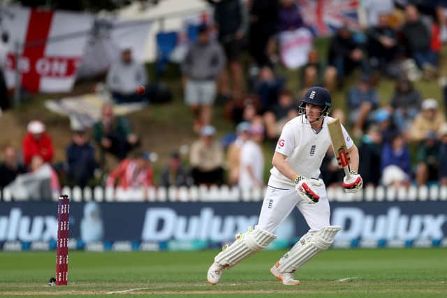 England’s Harry Brook plays a shot during day one of the second cricket Test match between New Zealand and England. (Getty Images)