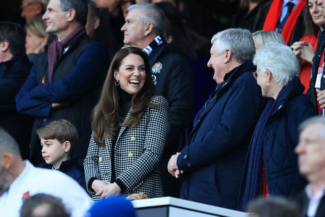 Kate wore the Knightsbridge Houndstooth Coat from Holland Cooper for the England v Wales Six Nations 2022. Photograph by Getty


