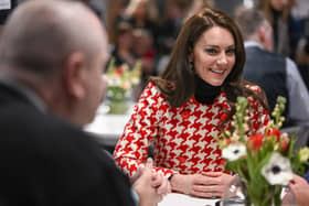 Kate Middleton looked elegant in a Catherine Walker coat in Cardiff for the Six Nations 2023 Wales v England rugby match. (Photo by Matthew Horwood/Getty Images)

