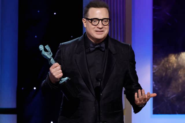 Brendan Fraser accepts the Outstanding Performance by a Male Actor in a Leading Role for "The Whale" onstage during the 29th Annual Screen Actors Guild Awards at Fairmont Century Plaza on February 26, 2023 in Los Angeles, California. (Photo by Kevin Winter/Getty Images)