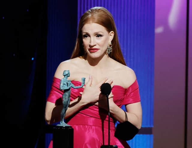 Jessica Chastain accepts the Outstanding Performance by a Female Actor in a Television Movie or Limited Series award for “George & Tammy” onstage during the 29th Annual Screen Actors Guild Awards at Fairmont Century Plaza on February 26, 2023 in Los Angeles, California. (Photo by Kevin Winter/Getty Images)