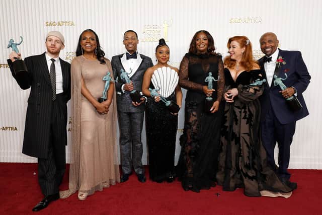 (L-R) Chris Perfetti, Sheryl Lee Ralph, Tyler James Williams, Quinta Brunson, Janelle James, Lisa Ann Walter, and William Stanford Davis, recipients of the Ensemble in a Comedy Series award for “Abbott Elementary,” pose in the press room during the 29th Annual Screen Actors Guild Awards at Fairmont Century Plaza on February 26, 2023 in Los Angeles, California. (Photo by Frazer Harrison/Getty Images)