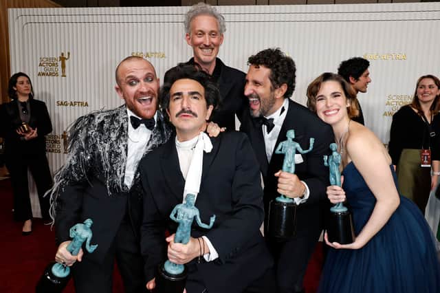 (L-R) Paolo Camilli, Francesco Zecca, Bruno Gouery, Federico Ferrante and Eleonora Romandini, recipients of the Outstanding Performance by an Ensemble in a Drama Series award for “The White Lotus,” pose in the press room during the 29th Annual Screen Actors Guild Awards at Fairmont Century Plaza on February 26, 2023 in Los Angeles, California. (Photo by Frazer Harrison/Getty Images)