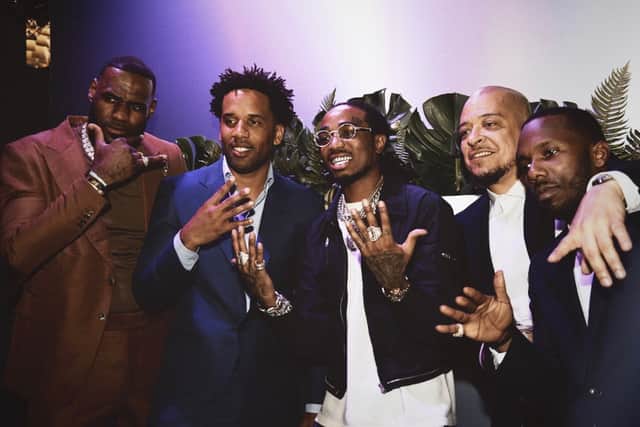 L-R) LeBron James, Maverick Carter, Quavo, Paul Rivera, and Rich Paul attend the Klutch 2019 All Star Weekend Dinner Presented by Remy Martin and hosted by Klutch Sports Group at 5Church on February 16, 2019 in Charlotte, North Carolina. (Photo by Dominique Oliveto/Getty Images for Klutch Sports Group 2019 All Star Weekend)
