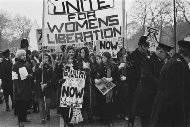 Members of the National Women's Liberation Movement, on an equal rights march from Speaker's Corner to No.10 Downing Street, to mark International Women's Day, London, 6th March 1971