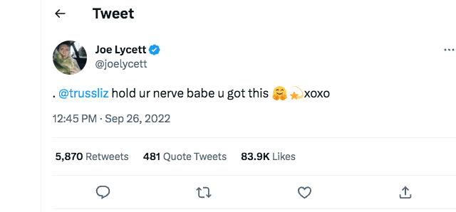 Joe Lycett on Twitter as he messages Liz Truss for all the world to see during her disastrous time as the UK's prime minister. Joe Lycett/Twitter