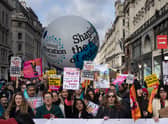 Education workers rally towards Westminster during a day of strikes across the UK on 1 February 2023 in London