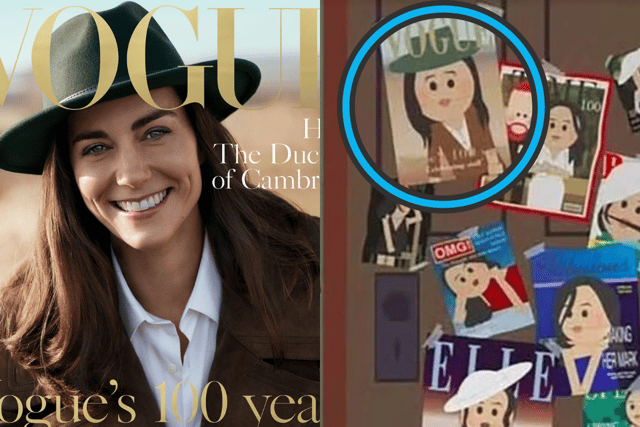 The cover of Vogue in June 2016 (left) and the image of Meghan Markle on the cover of Vogue in the most recent episode of South Park (right, circled) (Credit: Vogue, South Park Studios)