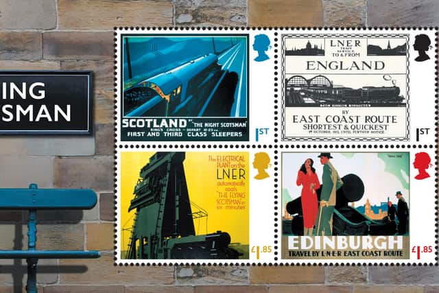Photo issued by Royal Mail of four of twelve new stamps to mark the 100th anniversary of steam locomotive the Flying Scotsman. They are the final set of stamps to feature late Queen Elizabeth II’s silhouette. 