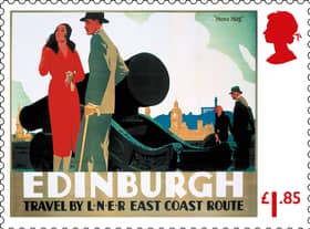 Photo issued by Royal Mail of one of twelve new stamps to mark the 100th anniversary of steam locomotive the Flying Scotsman. They are the final set of stamps to feature late Queen Elizabeth II’s silhouette.