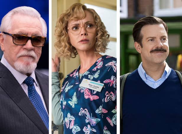 Bryan Cox as Logan Roy in Succession; Christina Ricci as Misty Quigley in Yellowjackets; Jason Sudeikis as Ted Lasso in Ted Lasso (Credit: Sky; Paramount+; Apple TV+)