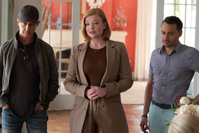 Jeremy Strong as Kendall Roy, Sarah Snook as Shiv Roy, and Kieran Culkin as Roman Roy in Succession Series 4 (Credit: HBO)