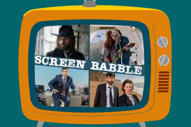 The orange Screen Babble television, featuring images from Django, Daisy Jones & The Six, Broadchurch, and Servant of the People (Credit: Kim Mogg/NationalWorld Graphics)