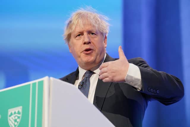 Former prime minister Boris Johnson addresses Rishi Sunak’s Brexit trade deal for Northern Ireland during the Global Soft Power Summit, at the Queen Elizabeth II Conference Centre, London. Picture date: Thursday March 2, 2023. Credit: PA