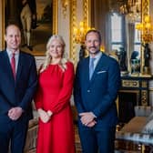 Kate Middleton wore a green Burberry trouser suit to meet the Crown Prince Haakon of Norway and Crown Princess Mette-Marit of Norway. Photo by Getty




