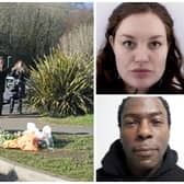 Metropolitan Police Detective Superintendent Lewis Basford (centre) and Sussex Police Chief Superintendent James Collis (left) pay their respects at a tribute on Golf Drive in Brighton, East Sussex, near to where remains have been found in the search for the two-month-old baby of Constance Marten and Mark Gordon (Images: PA / handout)